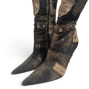 El Dantes 2000s Patched Studded Denim Heeled Boots