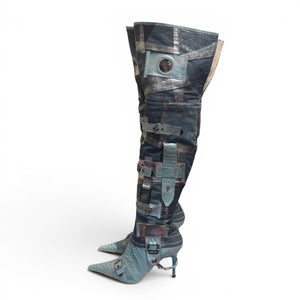 El Dantes 2000s Python Leather Metallic Denim Strapped Overknee Boots