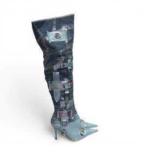 El Dantes 2000s Python Leather Metallic Denim Strapped Overknee Boots