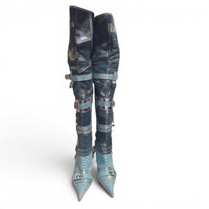 El Dantes 2000s Python Leather Metallic Denim Strapped Overknee Boots