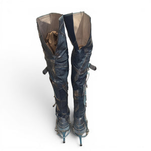 El Dantes 2000s Python Leather Metallic Denim Strapped Overknee Boots