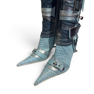 El Dantes 2000s Python Leather Metallic Denim Strapped Overknee Boots