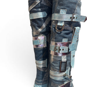 El Dantes 2000s Python Leather Metallic Denim Strapped Overknee Boots