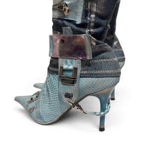 El Dantes 2000s Python Leather Metallic Denim Strapped Overknee Boots