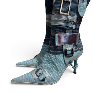 El Dantes 2000s Python Leather Metallic Denim Strapped Overknee Boots