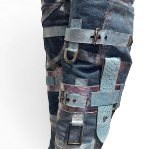 El Dantes 2000s Python Leather Metallic Denim Strapped Overknee Boots