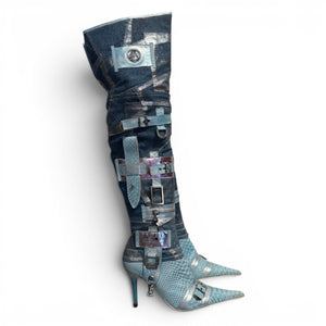 El Dantes 2000s Python Leather Metallic Denim Strapped Overknee Boots
