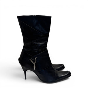 El Dantes 2000s Black Leather Chained Cross Piercing Boots