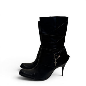 El Dantes 2000s Black Leather Chained Cross Piercing Boots