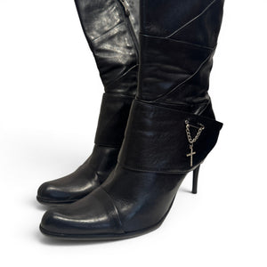 El Dantes 2000s Black Leather Chained Cross Piercing Boots