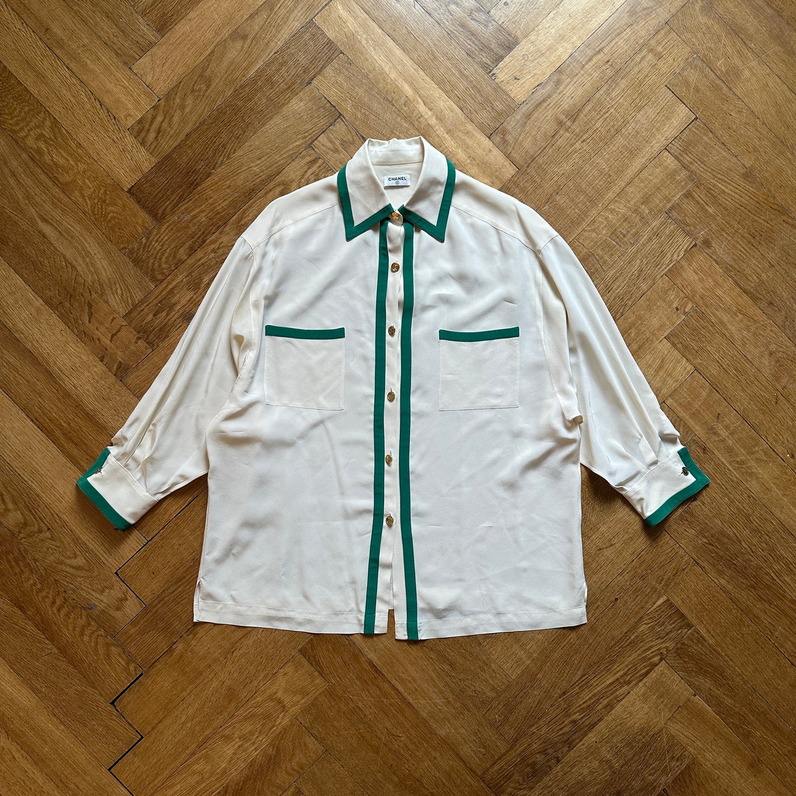 Chanel 80s Green Trimmed Silk Blouse