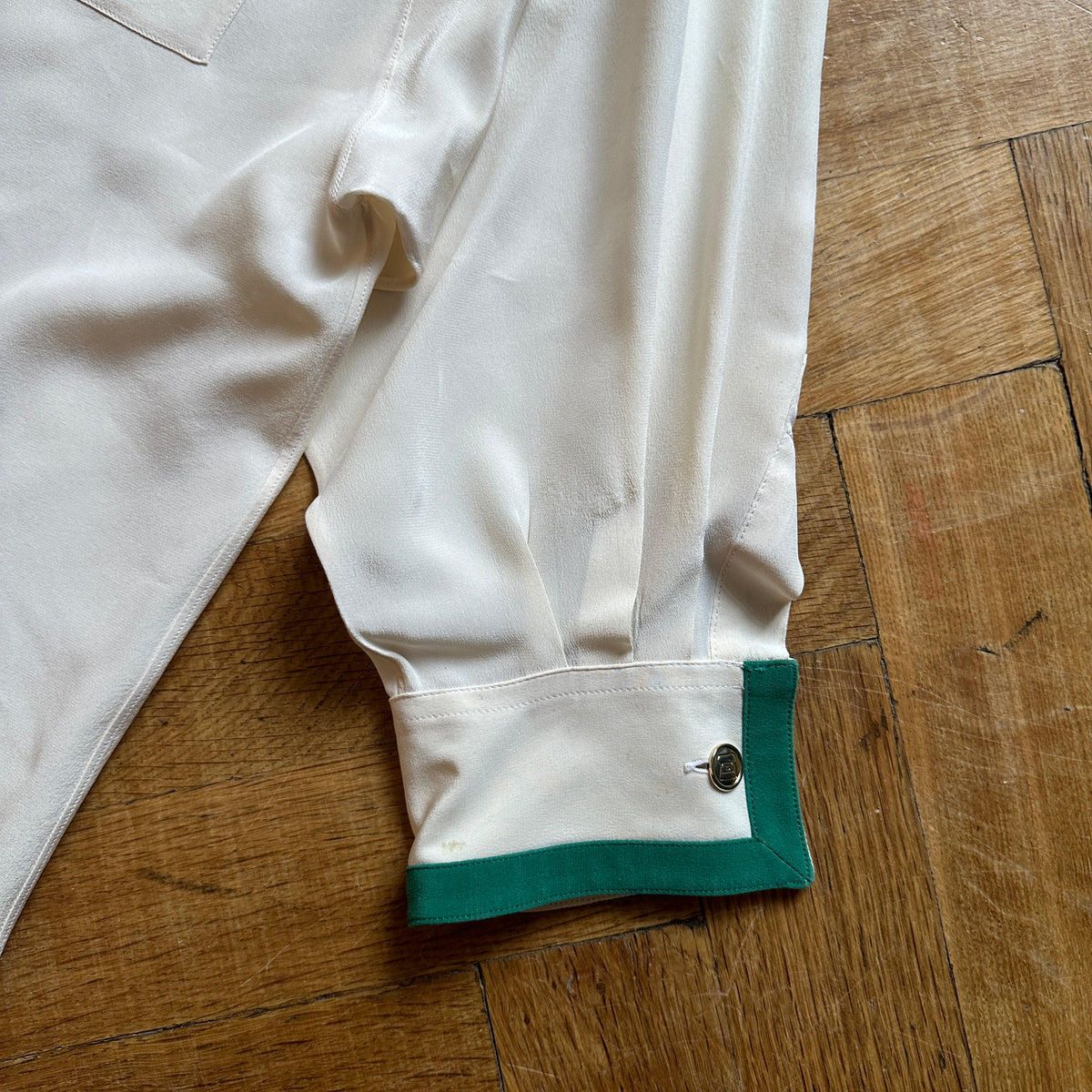 Chanel 80s Green Trimmed Silk Blouse