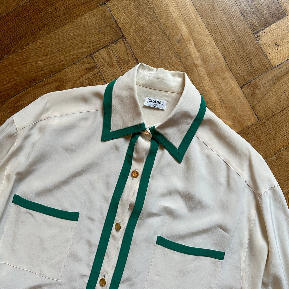 Chanel 80s Green Trimmed Silk Blouse
