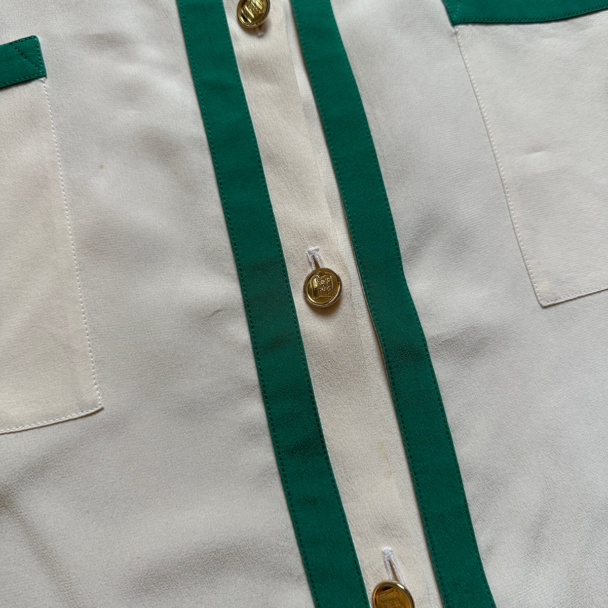 Chanel 80s Green Trimmed Silk Blouse
