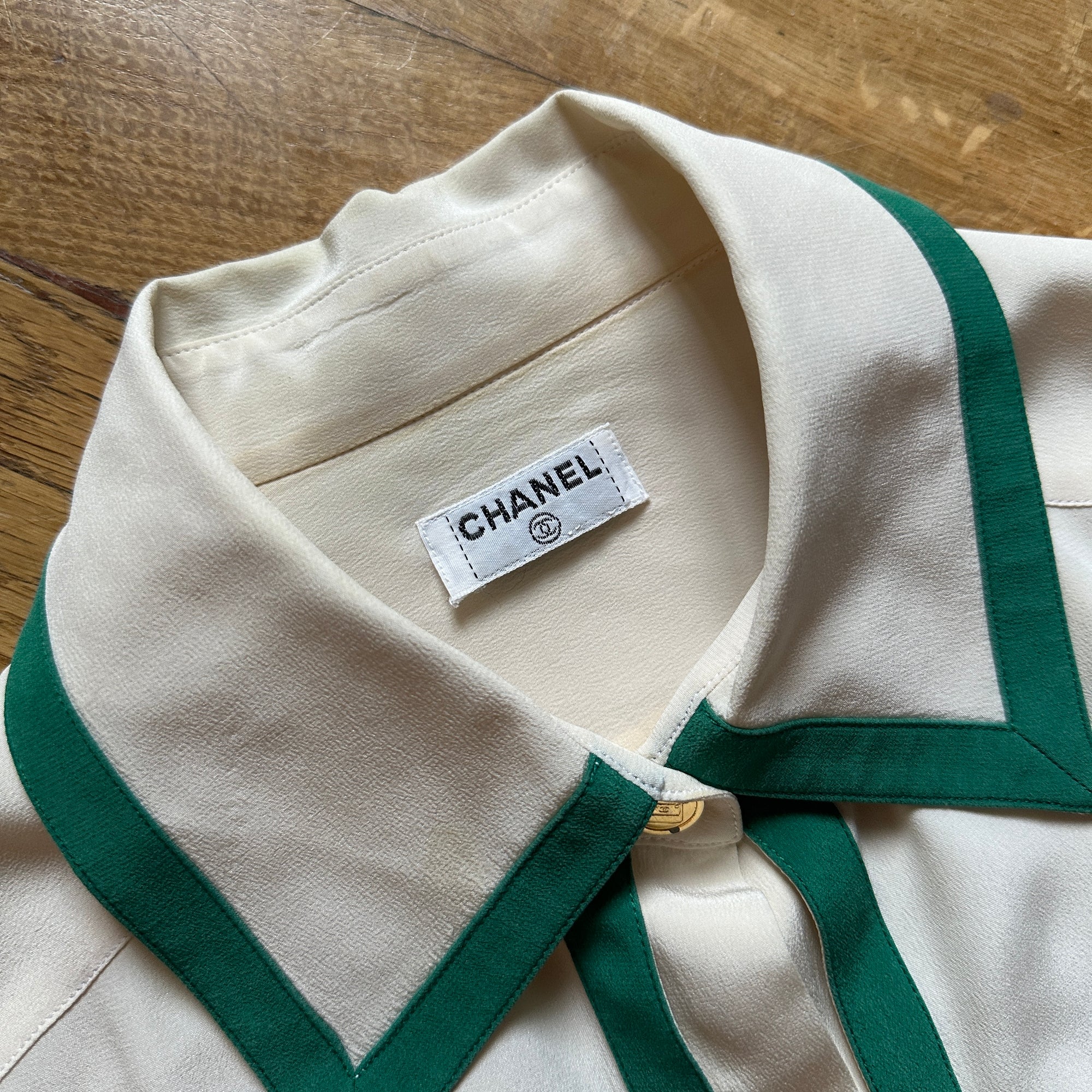 Chanel 80s Green Trimmed Silk Blouse