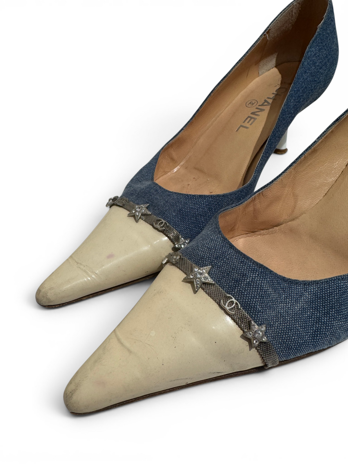 Chanel 2000s by Karl Lagerfeld Denim Star Charm Kitten Heels