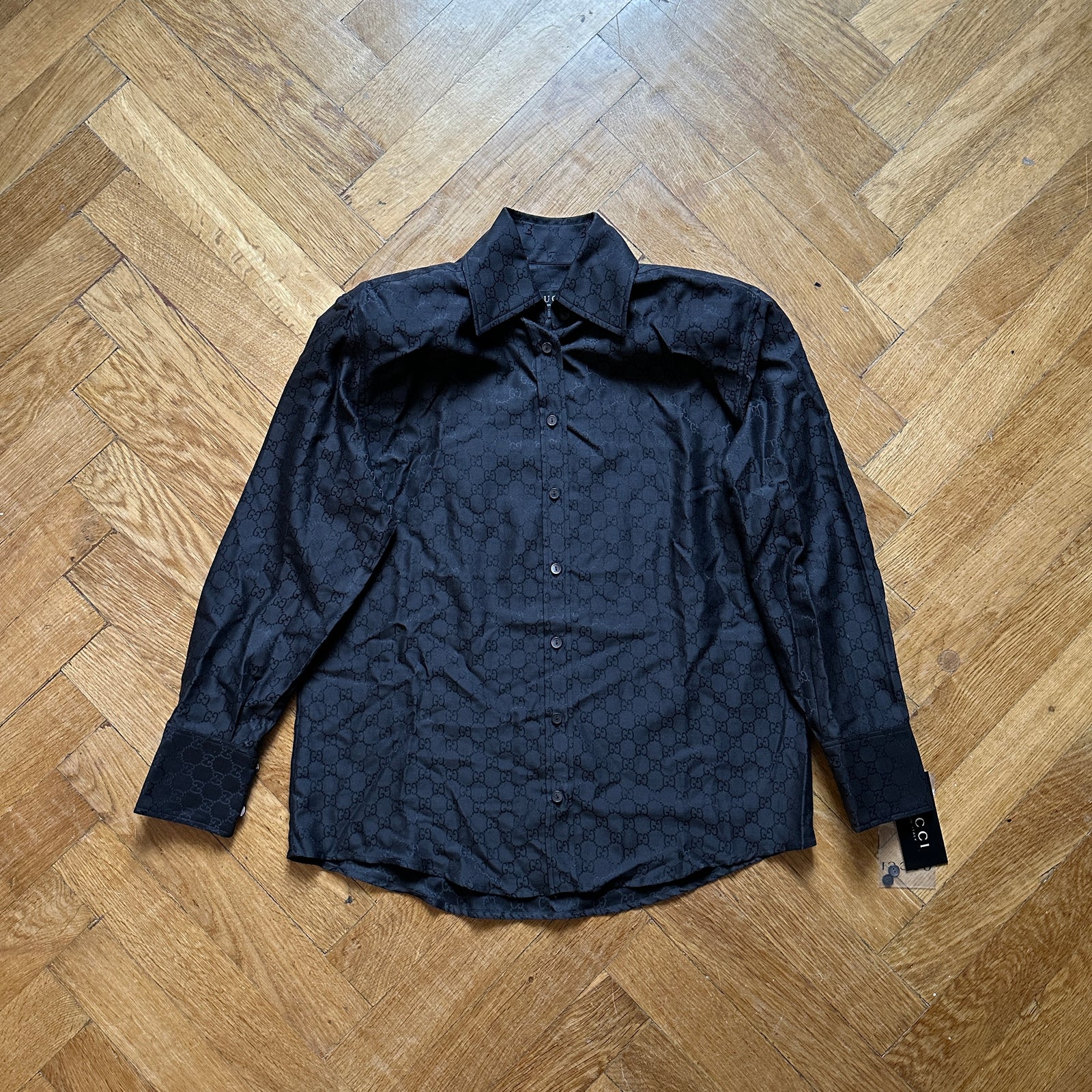 Gucci by Tom Ford FW97 Black Monogram Silk Padded Shoulder Shirt