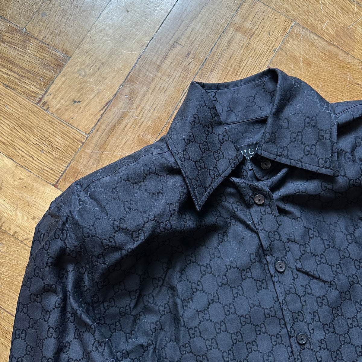 Gucci by Tom Ford FW97 Black Monogram Silk Padded Shoulder Shirt