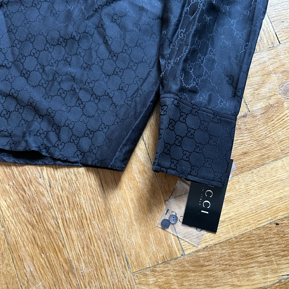 Gucci by Tom Ford FW97 Black Monogram Silk Padded Shoulder Shirt