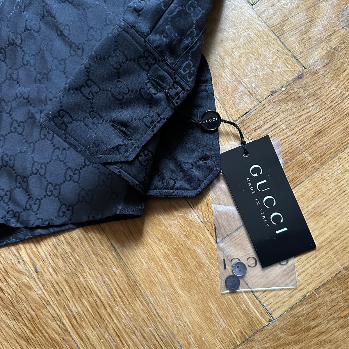 Gucci by Tom Ford FW97 Black Monogram Silk Padded Shoulder Shirt