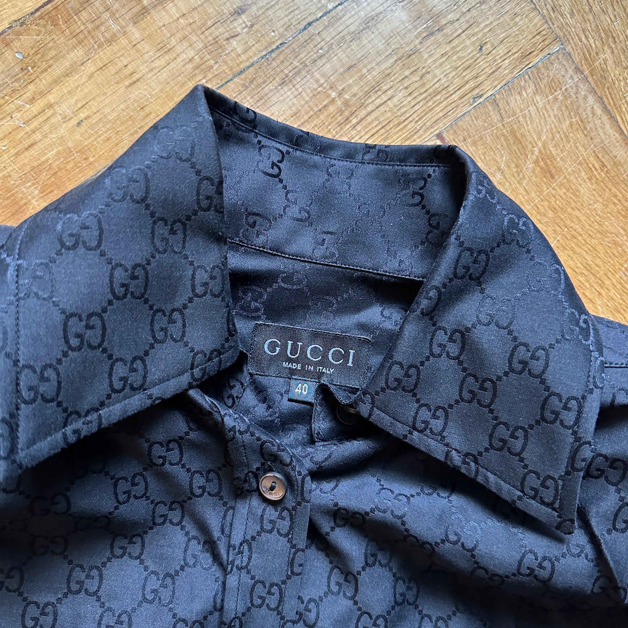 Gucci by Tom Ford FW97 Black Monogram Silk Padded Shoulder Shirt