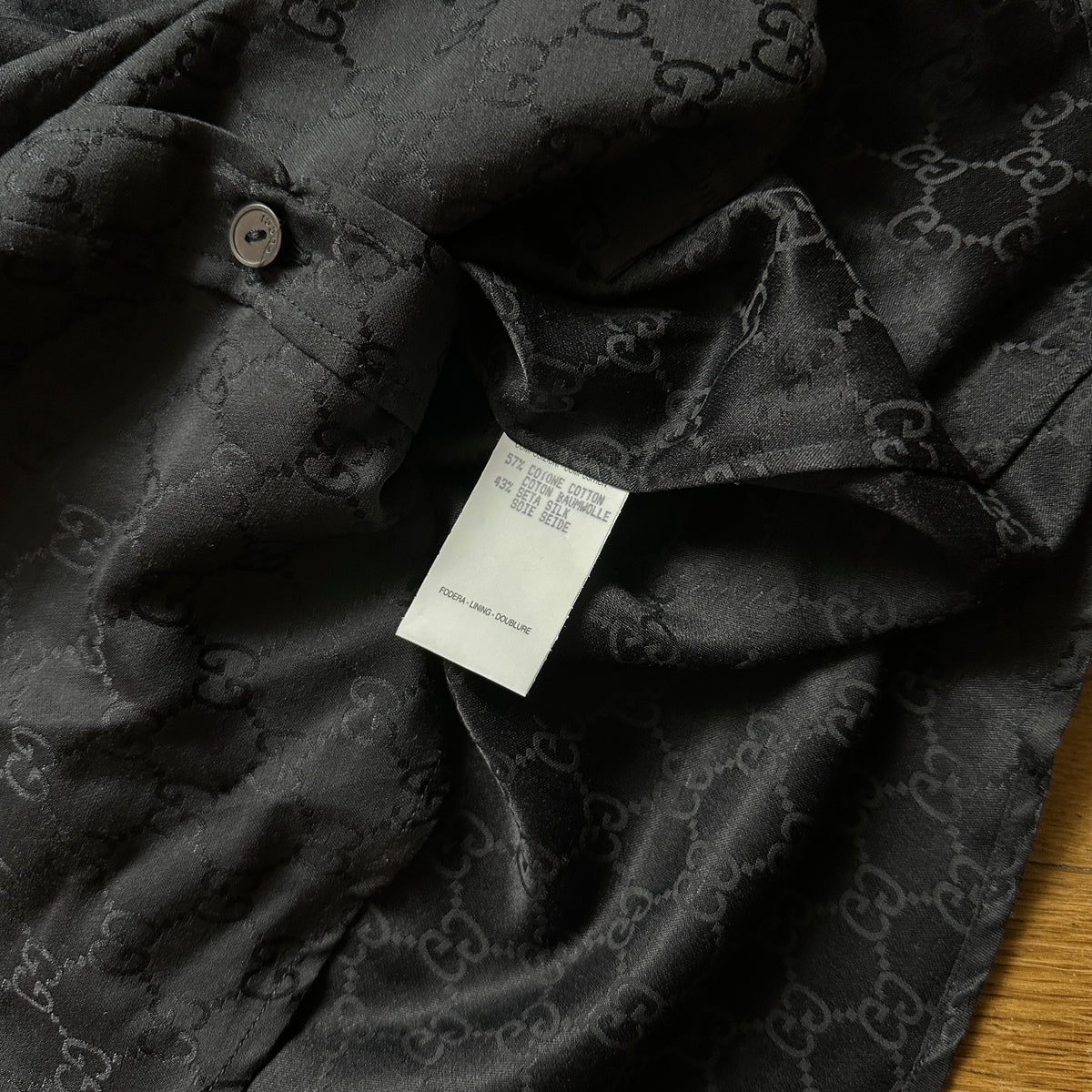 Gucci by Tom Ford FW97 Black Monogram Silk Padded Shoulder Shirt