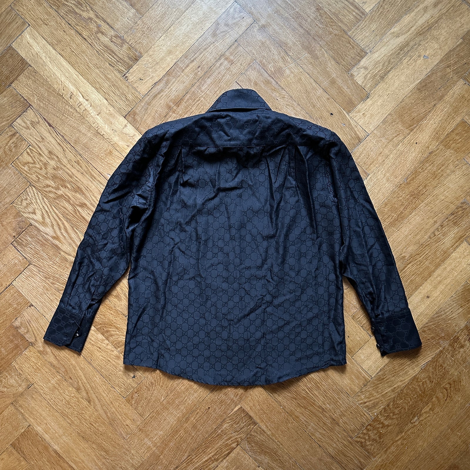 Gucci by Tom Ford FW97 Black Monogram Silk Padded Shoulder Shirt