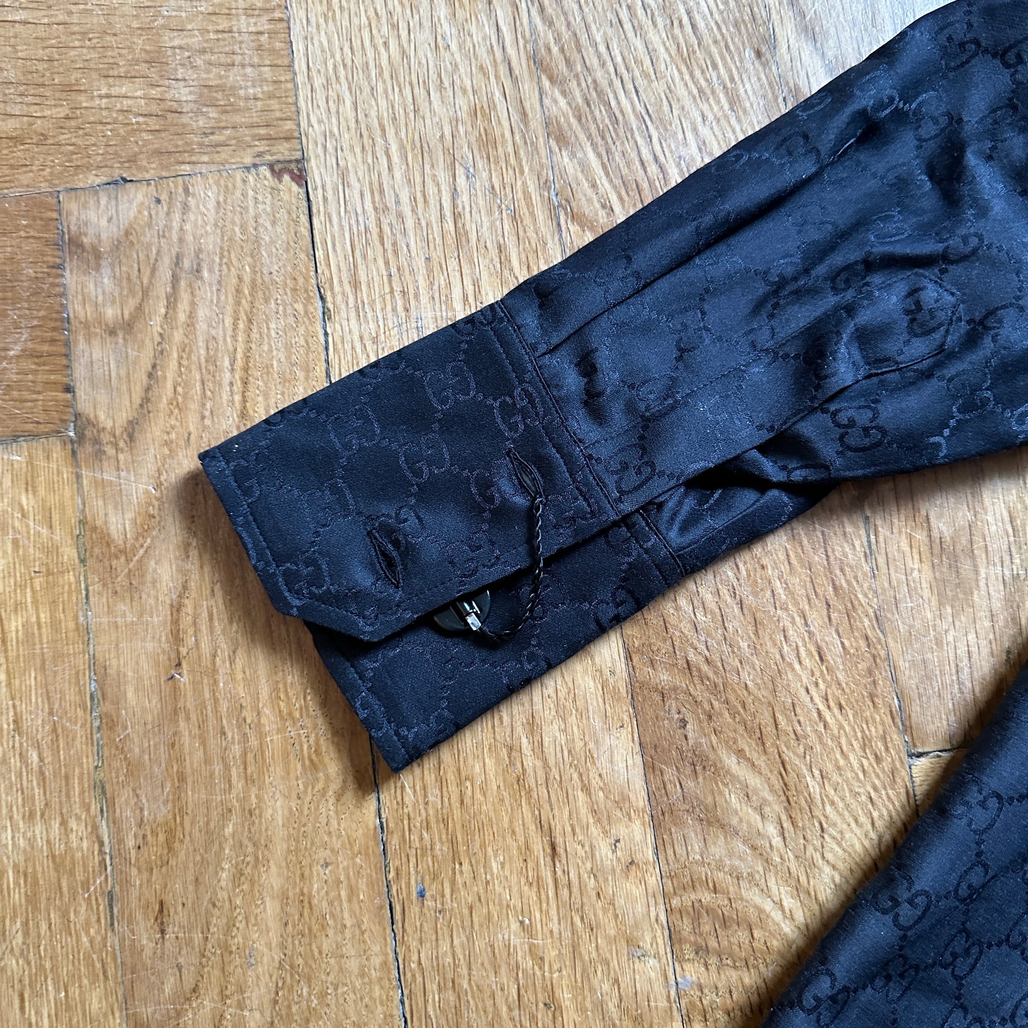 Gucci by Tom Ford FW97 Black Monogram Silk Padded Shoulder Shirt