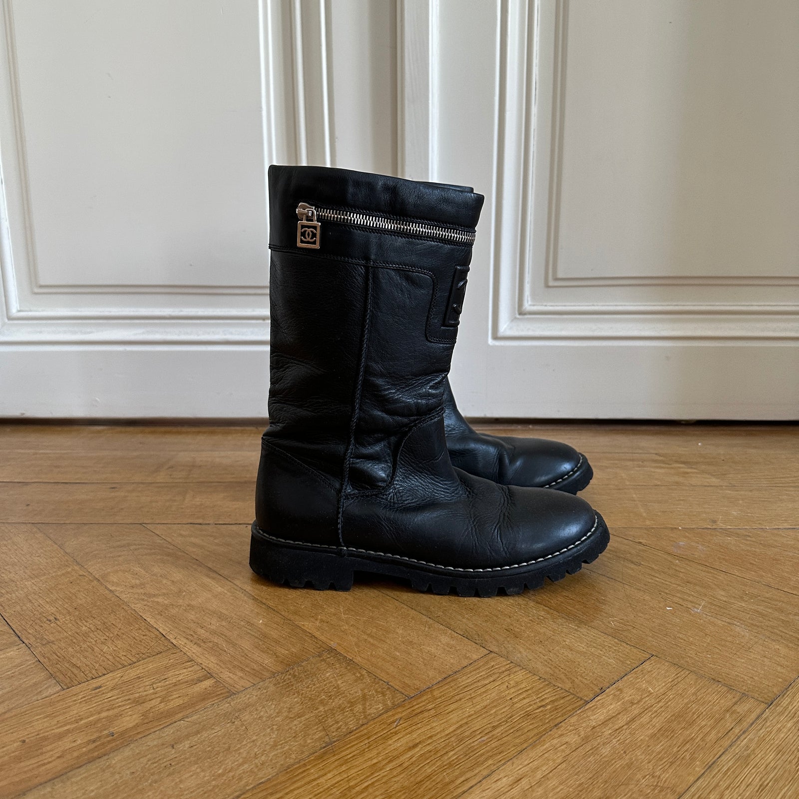 Chanel by Karl Lagerfeld 2000s Black Leather Logo Motorcycle Zip Boots
