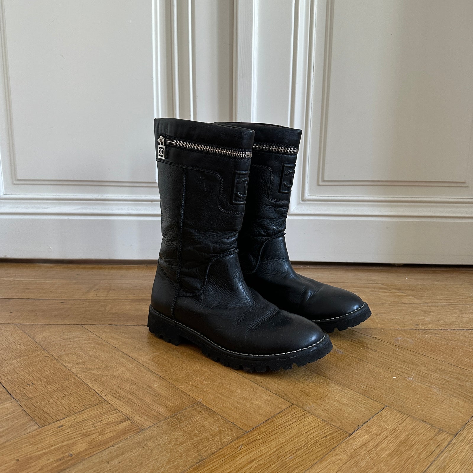 Chanel by Karl Lagerfeld 2000s Black Leather Logo Motorcycle Zip Boots