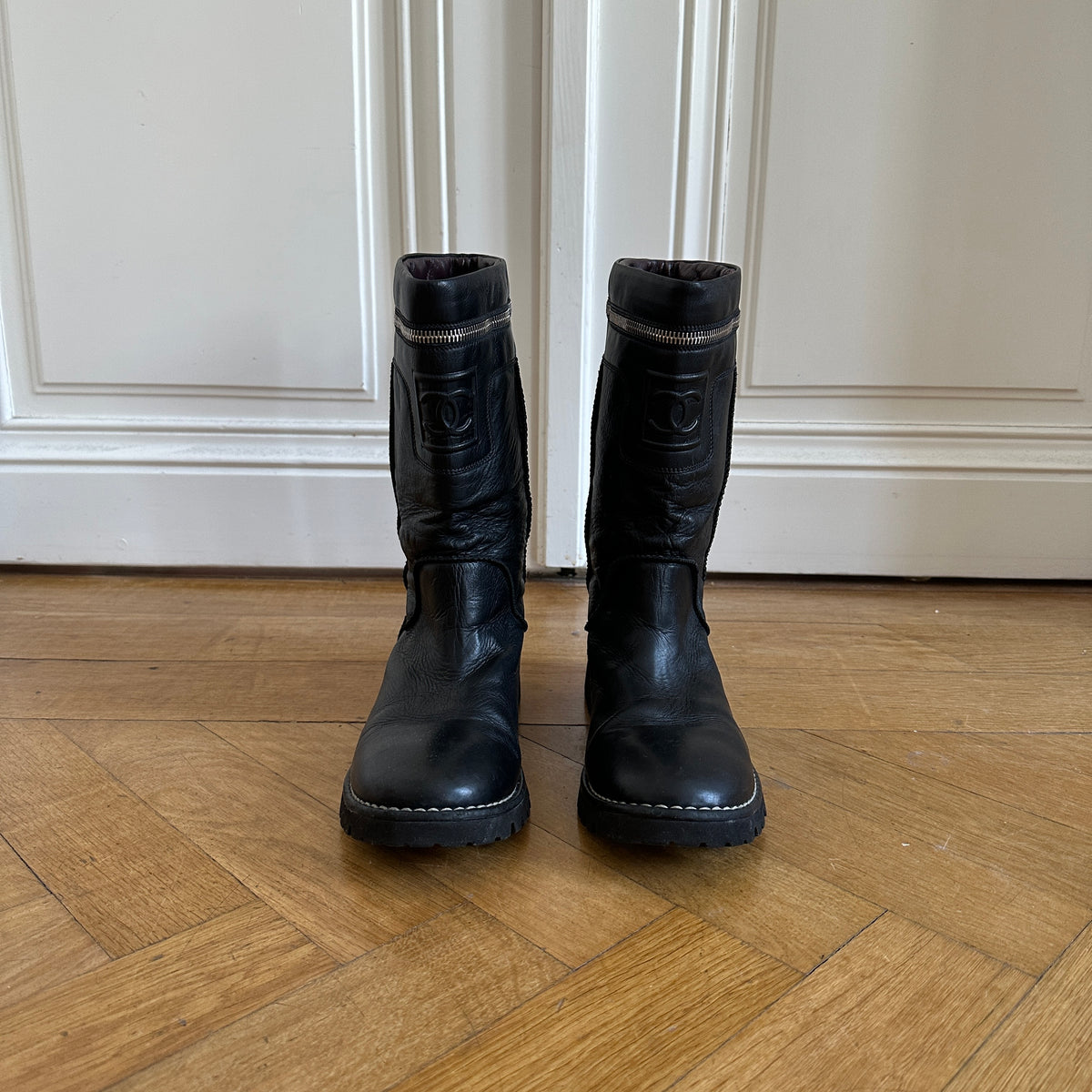 Chanel by Karl Lagerfeld 2000s Black Leather Logo Motorcycle Zip Boots
