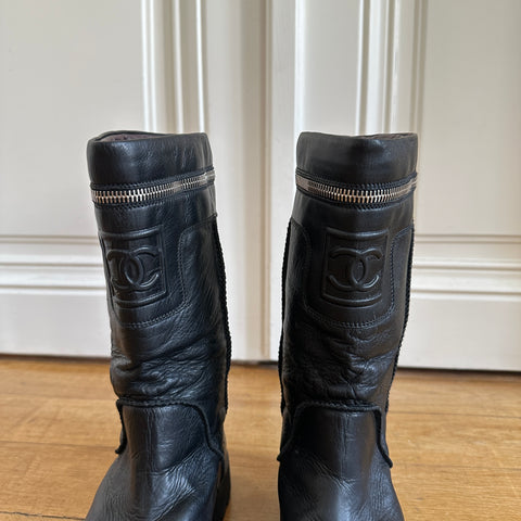 Chanel by Karl Lagerfeld 2000s Black Leather Logo Motorcycle Zip Boots