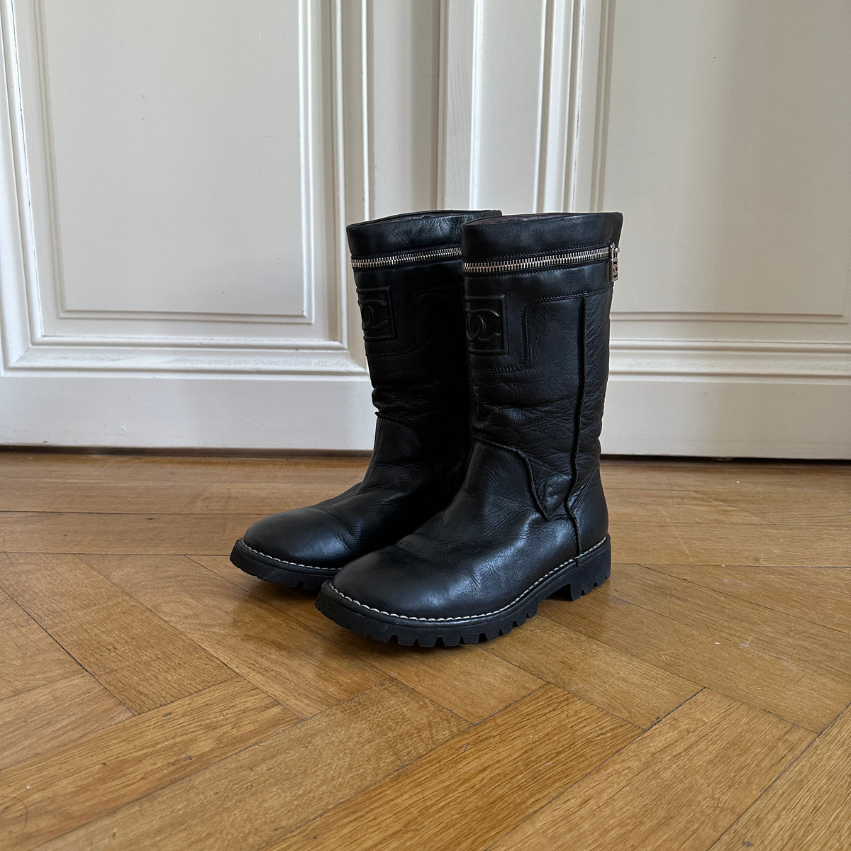 Chanel by Karl Lagerfeld 2000s Black Leather Logo Motorcycle Zip Boots