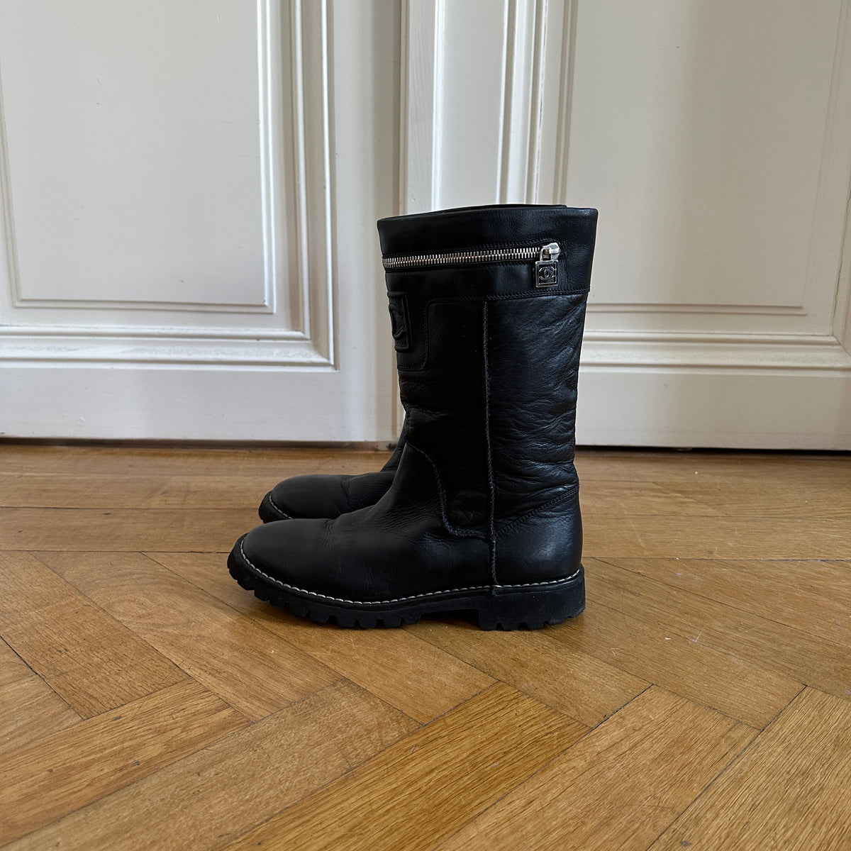 Chanel by Karl Lagerfeld 2000s Black Leather Logo Motorcycle Zip Boots