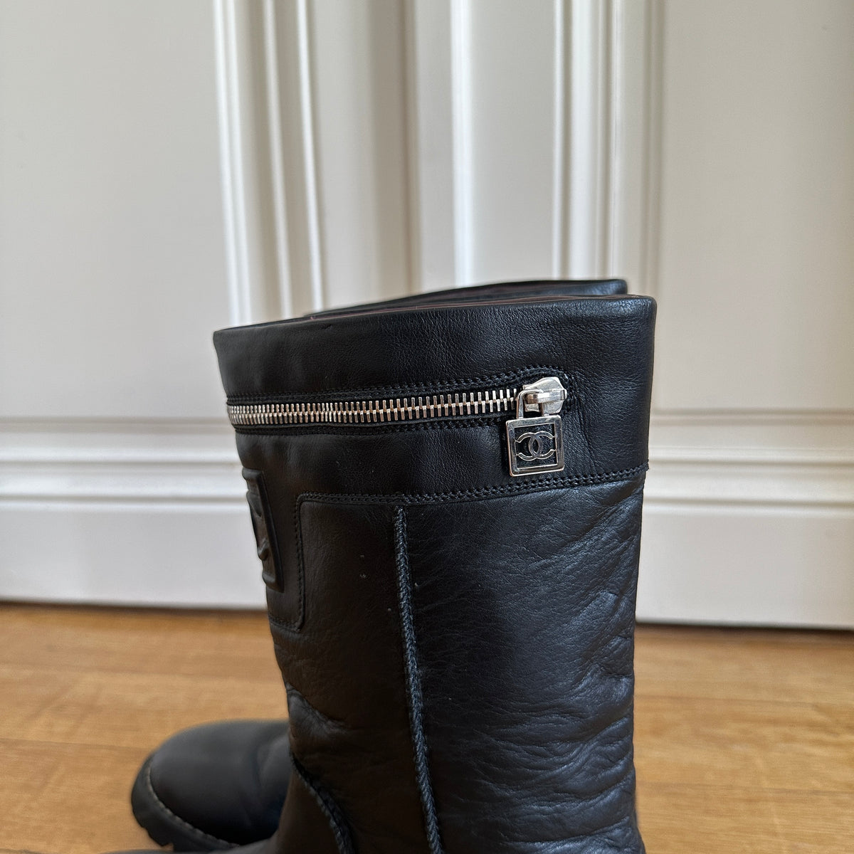 Chanel by Karl Lagerfeld 2000s Black Leather Logo Motorcycle Zip Boots