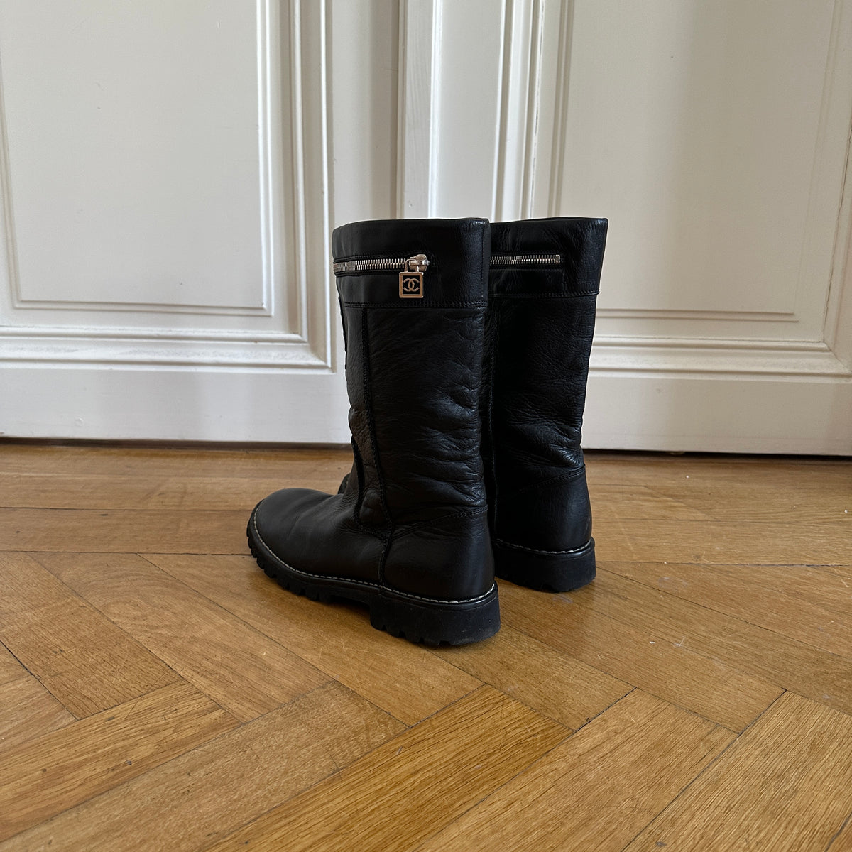 Chanel by Karl Lagerfeld 2000s Black Leather Logo Motorcycle Zip Boots