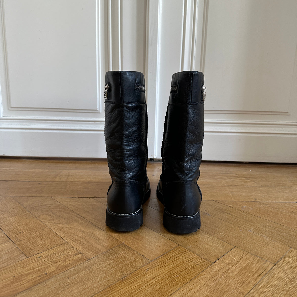 Chanel by Karl Lagerfeld 2000s Black Leather Logo Motorcycle Zip Boots