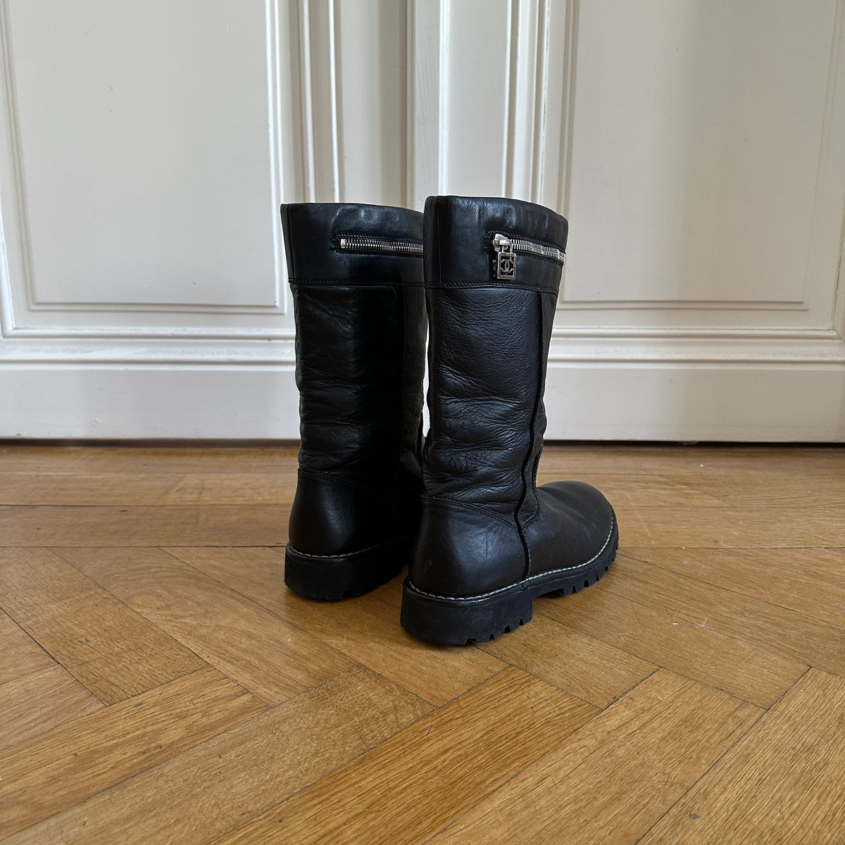 Chanel by Karl Lagerfeld 2000s Black Leather Logo Motorcycle Zip Boots