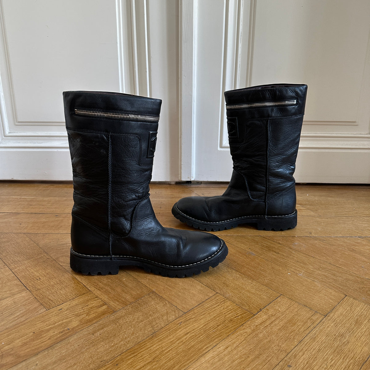 Chanel by Karl Lagerfeld 2000s Black Leather Logo Motorcycle Zip Boots