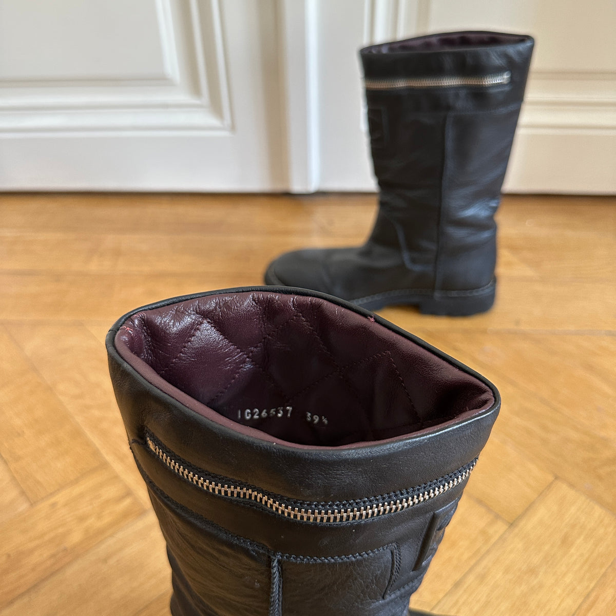 Chanel by Karl Lagerfeld 2000s Black Leather Logo Motorcycle Zip Boots