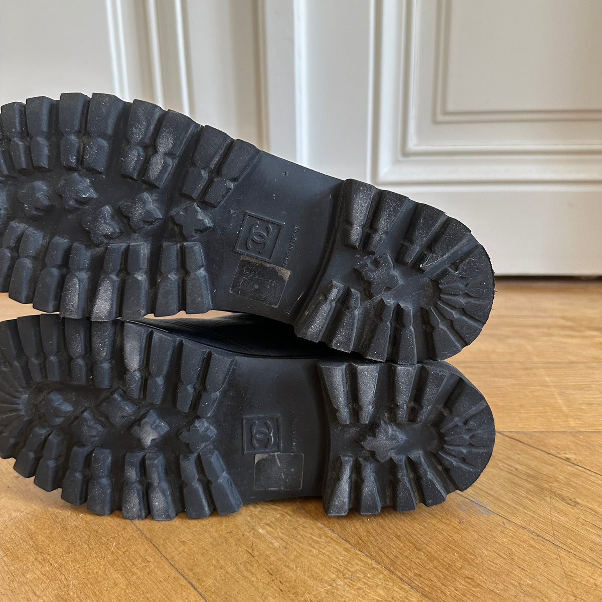 Chanel by Karl Lagerfeld 2000s Black Leather Logo Motorcycle Zip Boots