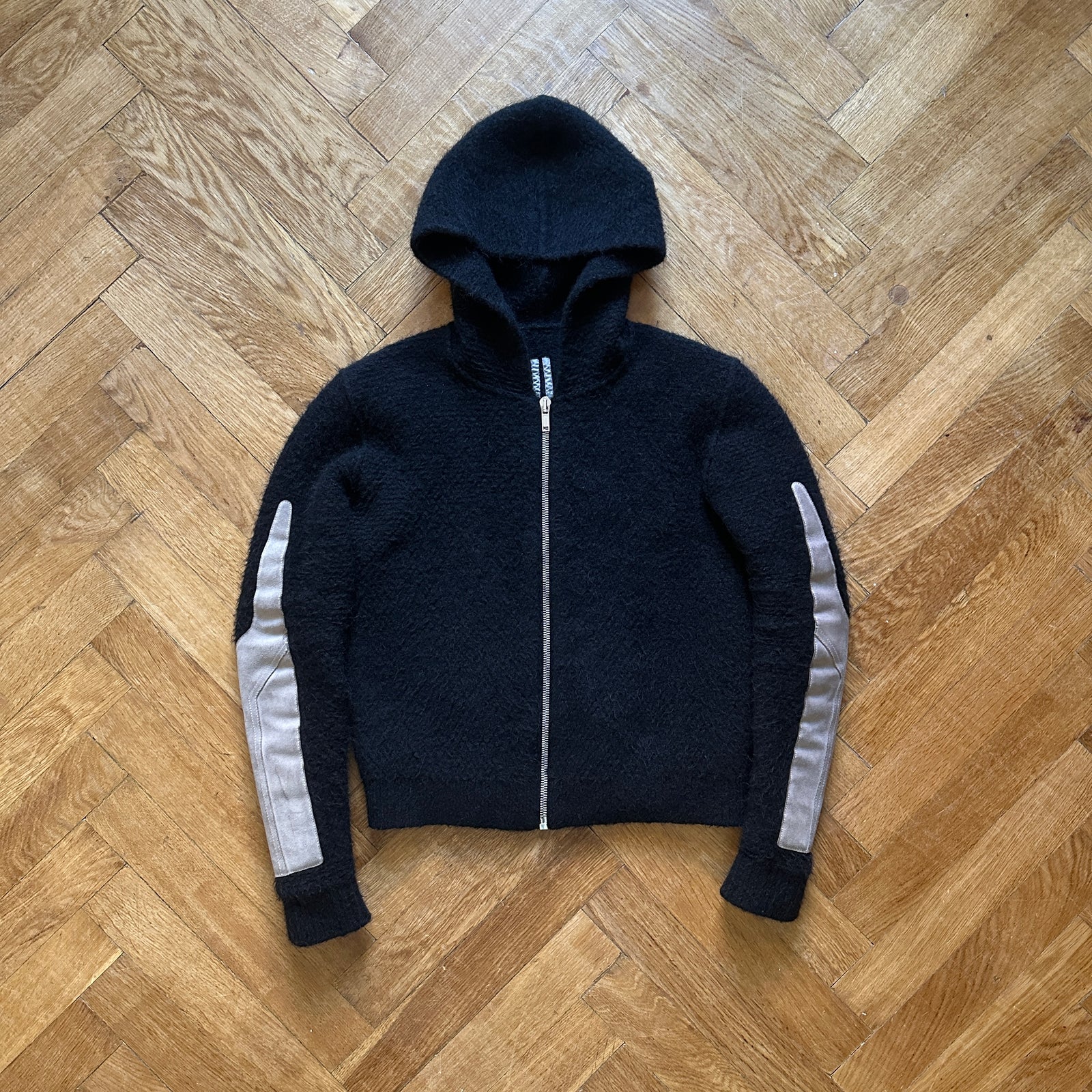 Rick Owens FW19 Larry Suede Patched Wool Zip Hoodie