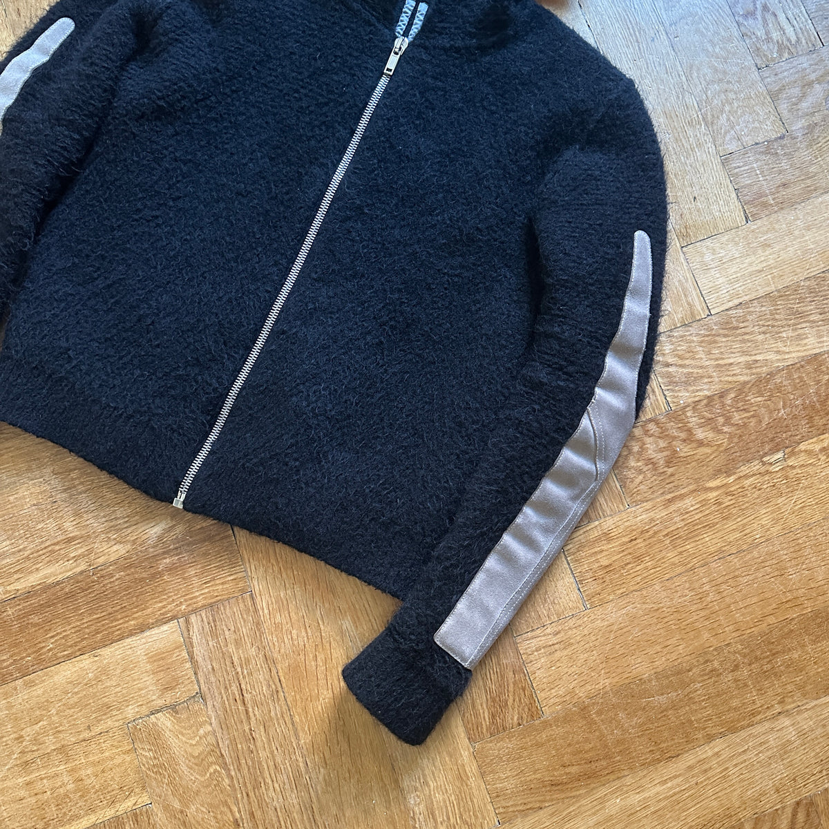 Rick Owens FW19 Larry Suede Patched Wool Zip Hoodie