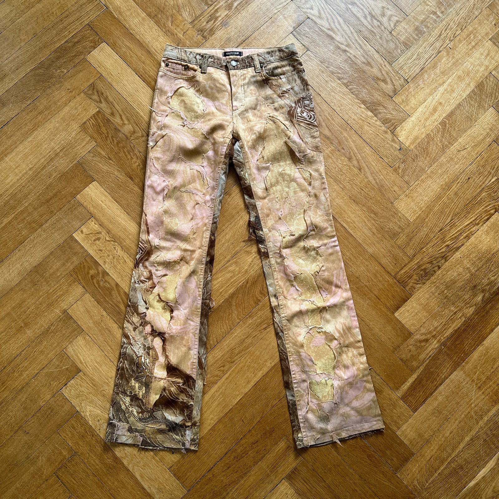Roberto Cavalli 2000s Distressed Tulle Layered Printed Denim
