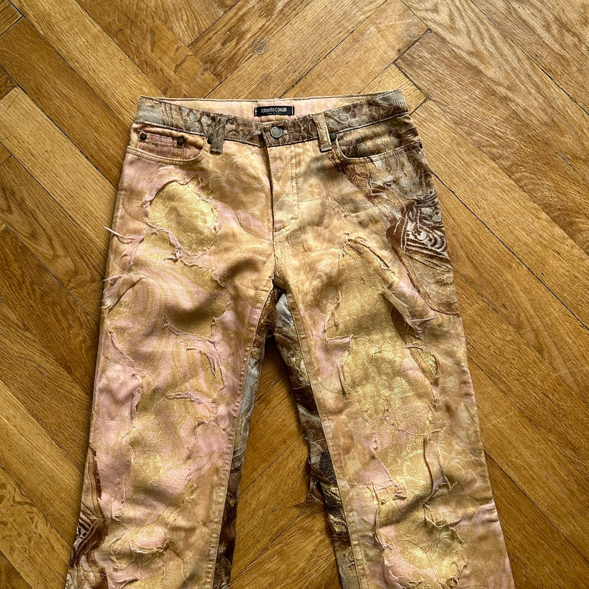 Roberto Cavalli 2000s Distressed Tulle Layered Printed Denim