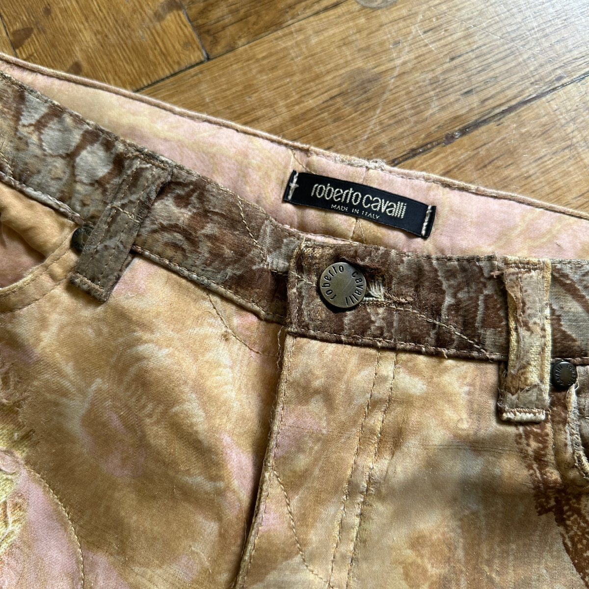 Roberto Cavalli 2000s Distressed Tulle Layered Printed Denim