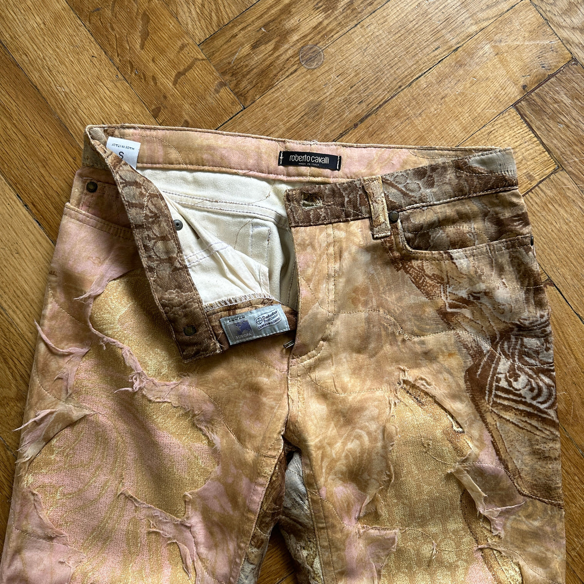 Roberto Cavalli 2000s Distressed Tulle Layered Printed Denim