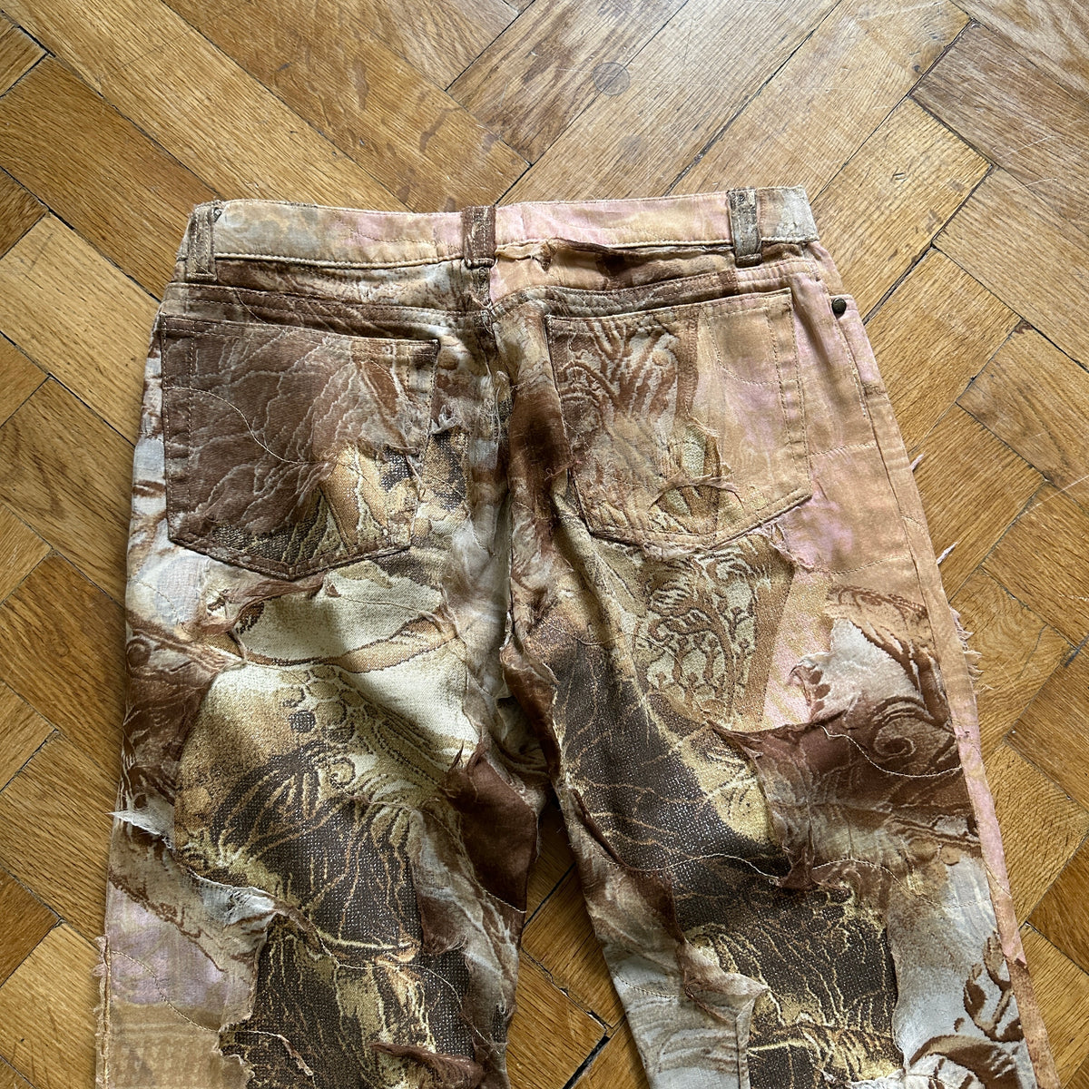 Roberto Cavalli 2000s Distressed Tulle Layered Printed Denim