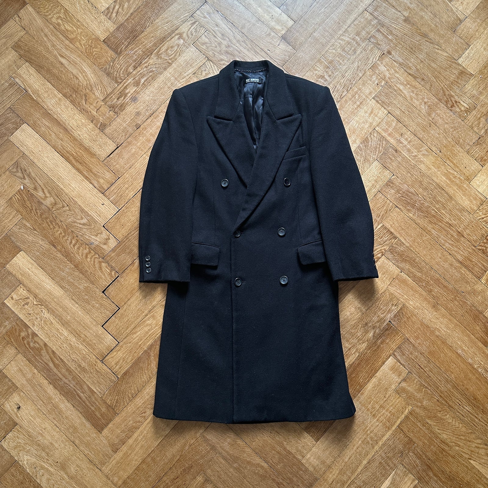 Raf Simons FW04 Black Wool Double Breasted Overcoat