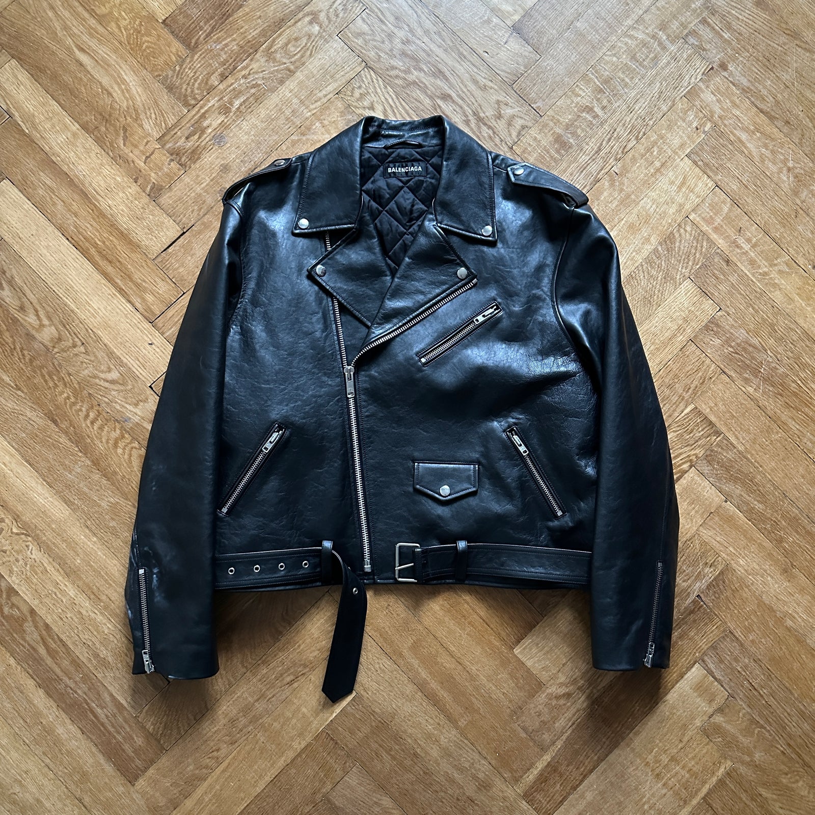 Balenciaga FW19 Black Campaign Logo Biker Leather Jacket